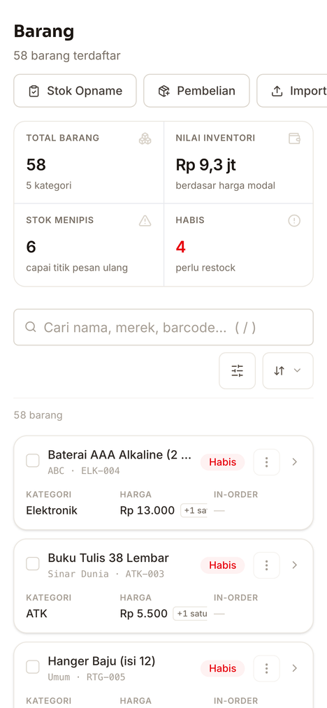 Daftar barang Selsiro: 58 barang terdaftar dengan nilai inventori Rp 9,3 jt, 6 barang stok menipis, dan 4 barang habis yang ditandai merah.